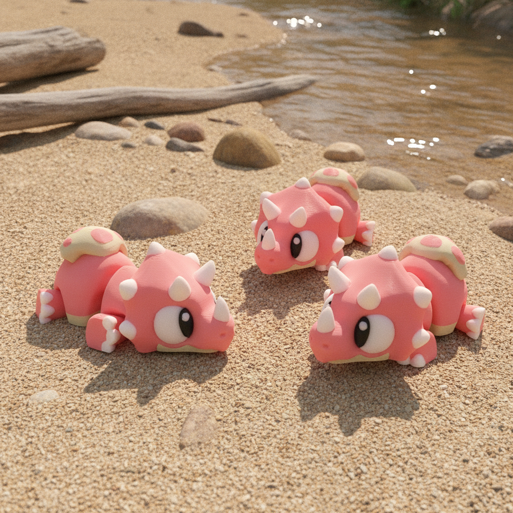 Three 3D printed flexi baby Triceratops dinosaur toys posed on a sandy riverbank scene