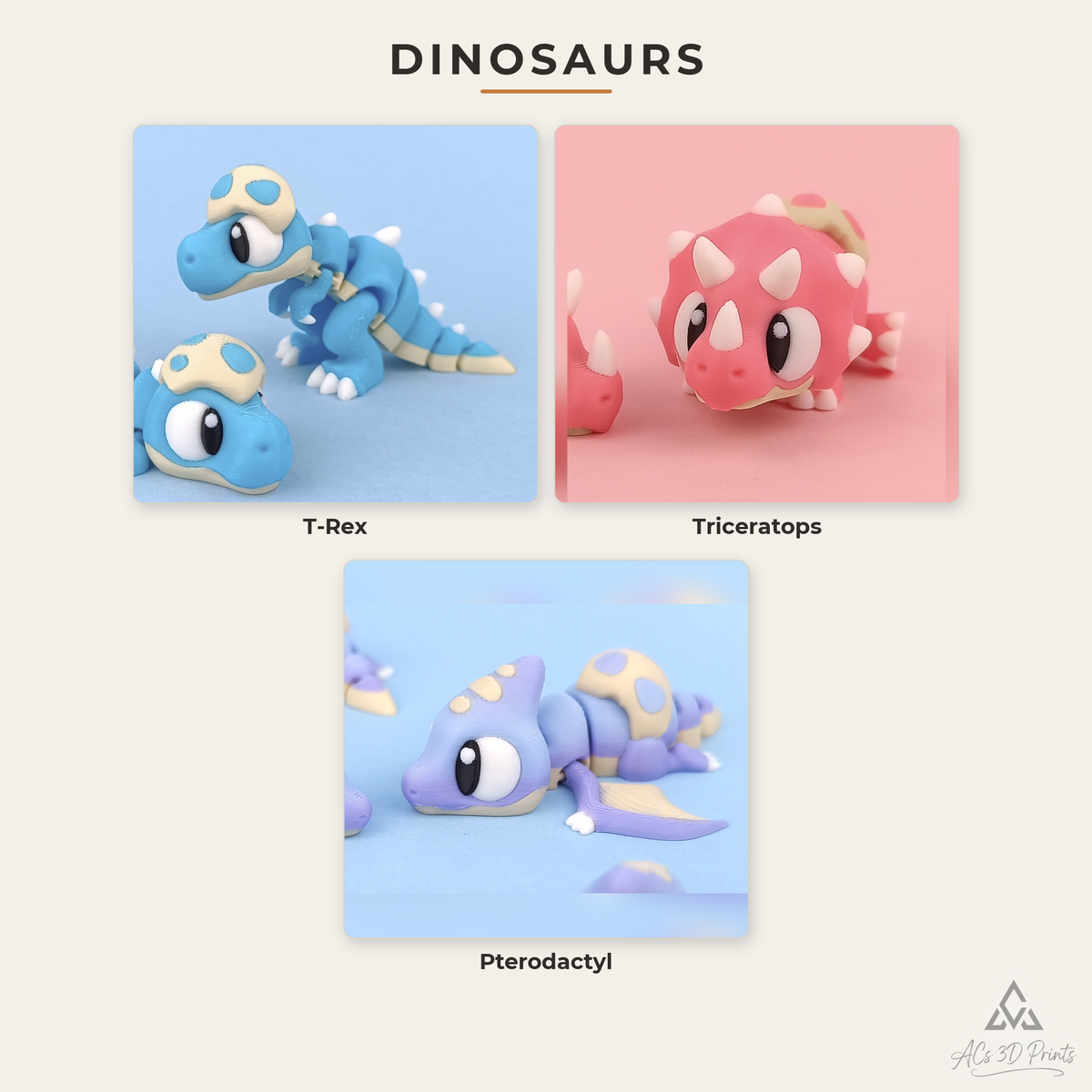 Build Your Own Dinosaur Flexi Bundle, 3D Printed - full roster plate of articulated baby dinosaur flexi toys
