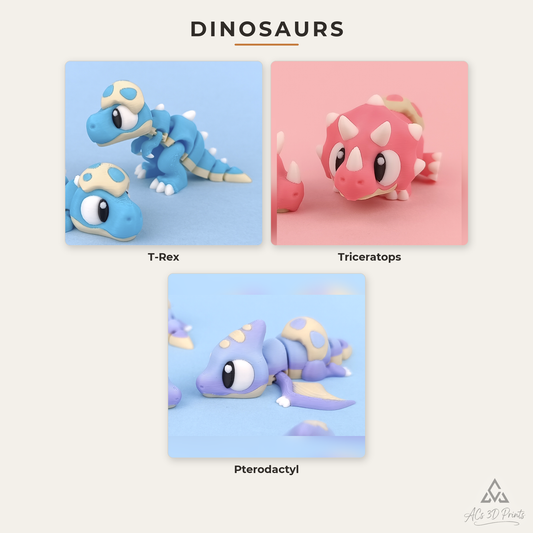 Build Your Own Dinosaur Flexi Bundle, 3D Printed - full roster plate of articulated baby dinosaur flexi toys