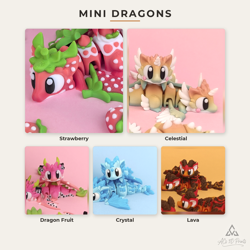Build Your Own Mini Dragon Flexi Bundle, 3D Printed - full roster plate of articulated mini dragon flexi toys