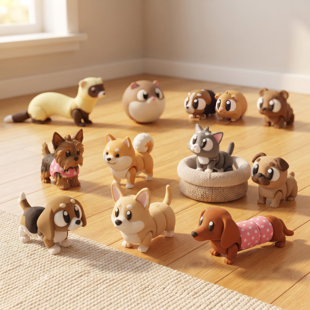 Build Your Own Companion Dogs & Small Pets Bundle, 3D Printed — Beagle, Corgi, Sausage Dog, Yorkshire Terrier, Shiba Inu, Cat, Pug, Ferret, Hamster, Guinea Pigs, and Mini Bear Flexi toys