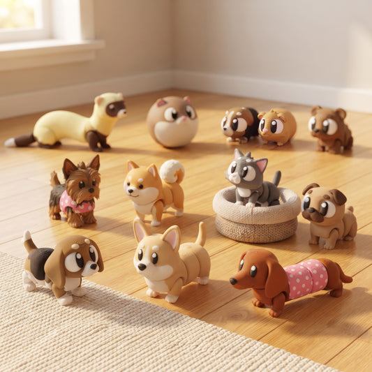 Build Your Own Companion Dogs & Small Pets Bundle, 3D Printed — Beagle, Corgi, Sausage Dog, Yorkshire Terrier, Shiba Inu, Cat, Pug, Ferret, Hamster, Guinea Pigs, and Mini Bear Flexi toys