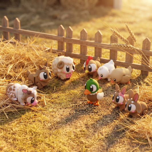Build Your Own Farm & Barnyard Bundle, 3D Printed — cow, goat, sheep, chicken, duck, and bunny Flexi toys arranged together