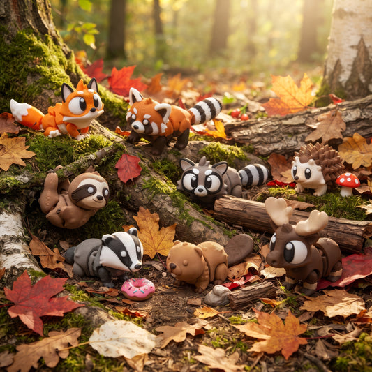 Build Your Own Woodland & Forest Bundle, 3D Printed — fox, red panda, sloth, hedgehog, raccoon, badger, beaver, and moose Flexi toys in a forest scene