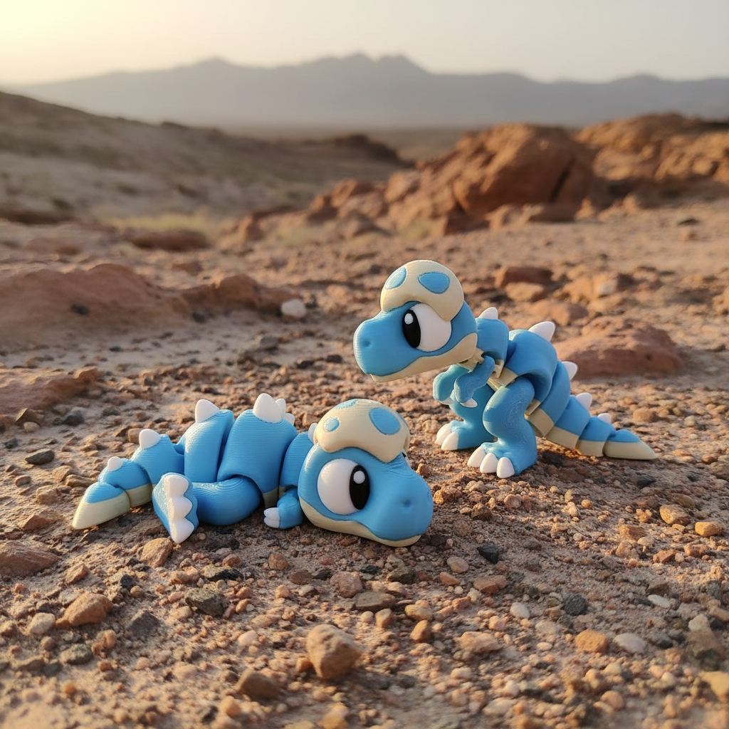 Two 3D printed flexi T-Rex dinosaur toys posed on a rocky highland scene