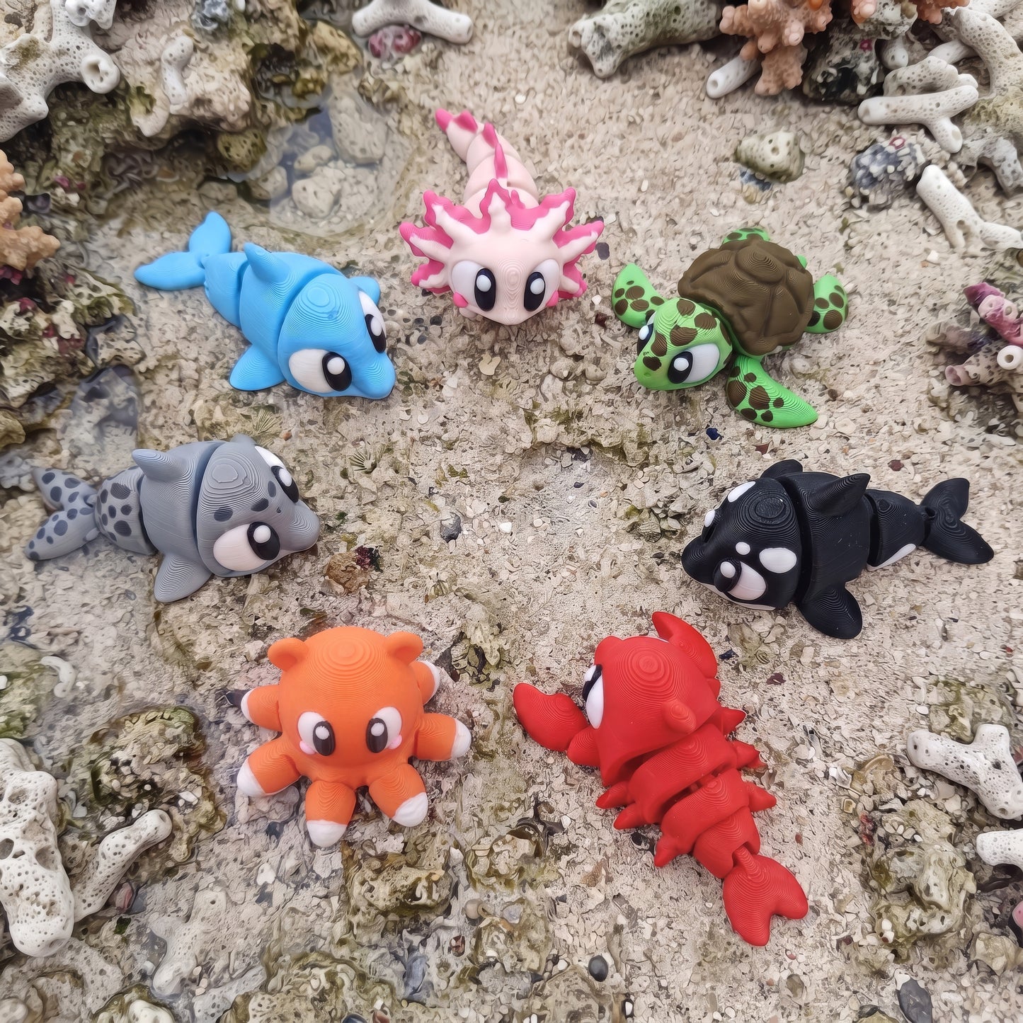 Build Your Own Ocean & Sea Bundle, 3D Printed — gallery view of dolphin, axolotl, sea turtle, killer whale, lobster, dumbo octopus, and seal Flexi toys