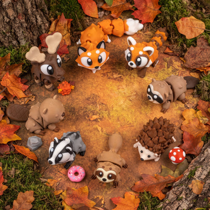 Build Your Own Woodland & Forest Bundle, 3D Printed — gallery view of fox, red panda, sloth, hedgehog, raccoon, badger, beaver, and moose Flexi toys