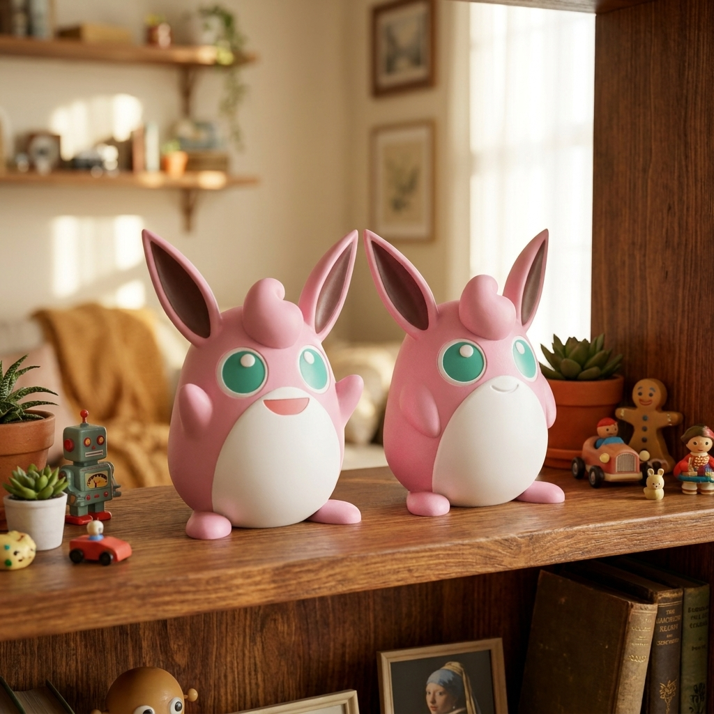 Wigglytuff 3D printed figure on collector shelf