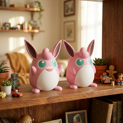 Wigglytuff 3D printed figure on collector shelf